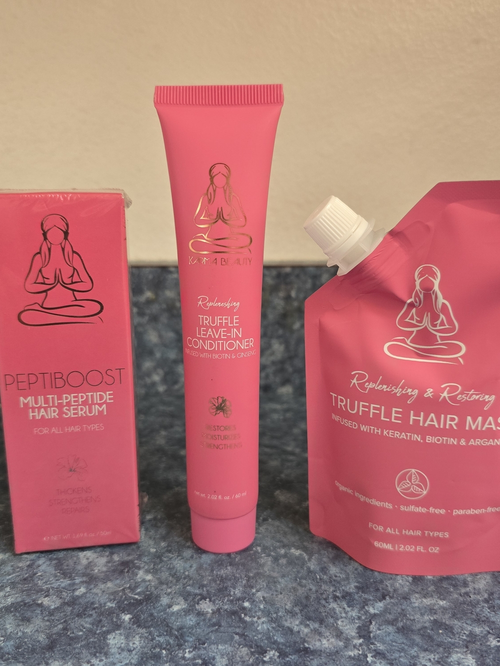 KARMA BEAUTY Trio Serum + Leave-In Conditioner + Hair Mask in Pink
